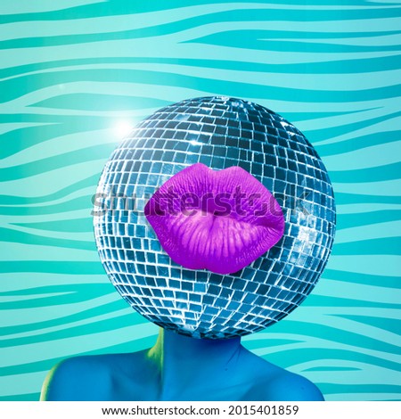 Female body headed with big disco ball with kissing lips. Summer mood. Modern design, contemporary art, zine collage. Inspiration, idea, trendy urban magazine style. Surrealism.