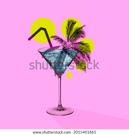 Beach resort. Beautiful tropical palm tree in giant martini cocktail glass on pink background. Copy space for ad, text. Modern design. Conceptual, contemporary art collage. Party time, summer mood. Royalty-Free Stock Photo #2015401865