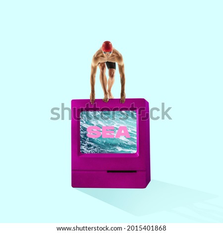Summer, vacation mood. Professional Swimmer jumping into sea from retro computer, tv set isolated on light background. Copy space for ad. Conceptual, contemporary bright artcollage, zine collage.