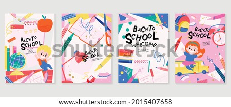 Back to school vector banners. Background design with children and education accessories element. Kids hand drawn flat design for poster , wallpaper, website and cover template.  Royalty-Free Stock Photo #2015407658
