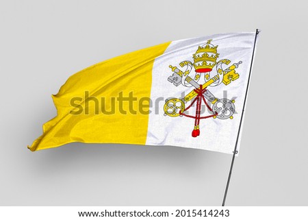 Vatican flag isolated on white background. National symbol of Vatican. Close up waving flag with clipping path.