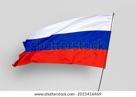 Russia flag isolated on white background. National symbol of Russia. Close up waving flag with clipping path.