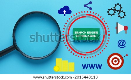 Green wooden block written search engine optimization with magnifying glass, upload, share, gear, hailer, target, alias and money symbol
