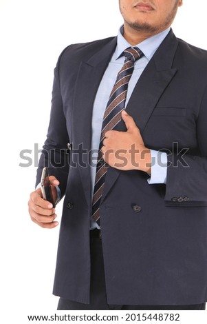 Portrait Half Body 40s fat Asian Business Man gray formal S necktie, no face, studio lighti white background, Tanned ski Male Model pose s, copy space
