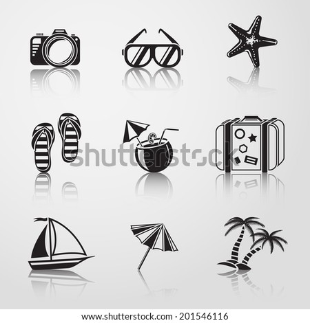 Summer holidays monochrome icons set with reflections  - coconut cocktail, fish star, slippers, palms, suitcase,beach umbrella,yacht,sun glasses, photo camera.