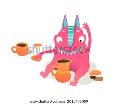 Monster kid character playing with play dough or clay, making crockery happy smiling. Cute creature for handmade festival. Cartoon illustration for kids isolated clip art.