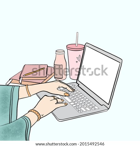 work at a laptop with a cup of coffee, stationery and various details