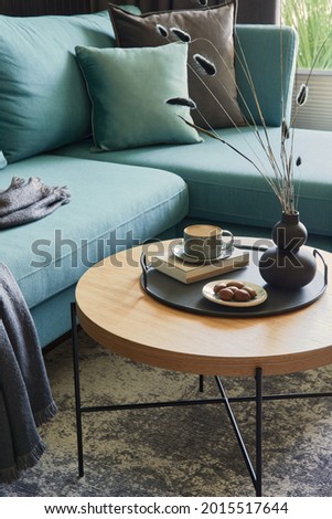 Creative composition of details of modern living room interior in small apartment. Eucalyptus sofa, pillows, small designed wooden coffee table and personal accessories. Template.