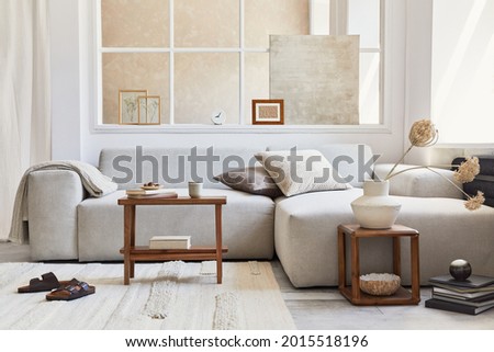 Creative composition of stylish and cozy living room with mock up poster frame, grey sofa, wooden coffee table, plants and personal accessories. Beige neutral colors. Template.