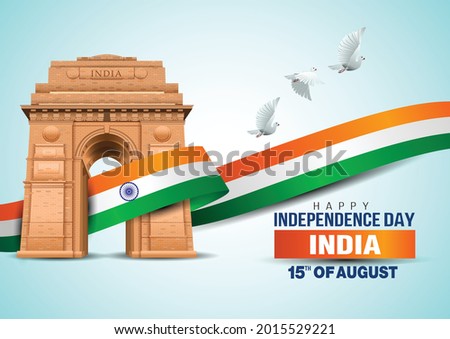 vector illustration of happy independence day in India celebration on August 15. vector India gate with Indian flag design and flying pigeon Royalty-Free Stock Photo #2015529221