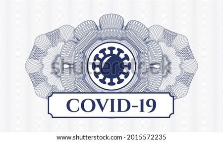 Blue money style emblem or rosette. Vector Illustration. Detailed with coronavirus icon and COVID-19 text inside