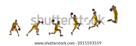 Development of motions. Young man, basketball player in action isolated over white studio background. Flyer. Concept of sport, competition, championship. Copy space for ad. Royalty-Free Stock Photo #2015593559