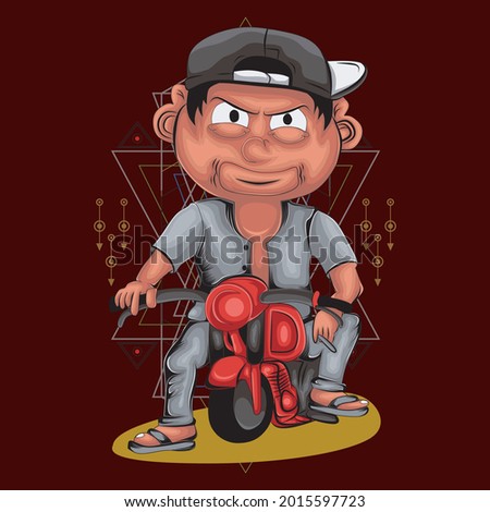 cute cartoon kid riding a motorbike, can be used for t-shirt designs, tattoos, wallpapers, art prints, and more