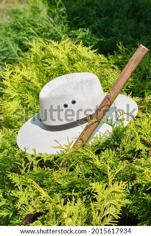 Sun hat hanging on a juniper bush with wooden shovel handle in the green garden.  Selective focus. 