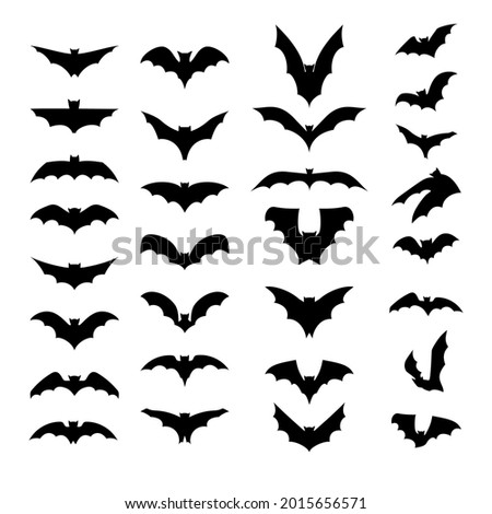 Set of black silhouettes of bats isolated on white background. Collection of flittermouse icons. Tattoo of bat vampire. Scary Halloween traditional design element. Vector illustration. eps 10.