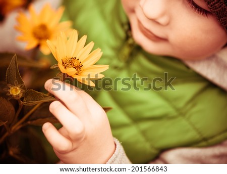 little boy holding yellow garden flower