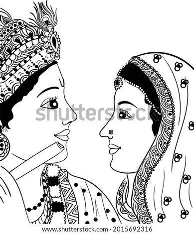 Indian wedding clip art God, Lord Radha Krishna playing flute black and white line drawing clip art illustration. Indian wedding symbol groom bride with music instrument. Krishna Janmastmi clip art.