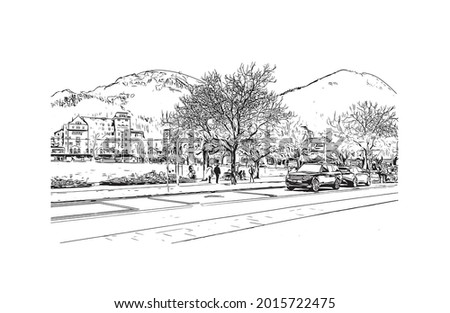Building view  with landmark of Interlaken is the 
town in Switzerland. Hand drawn sketch illustration in vector.