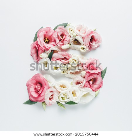 Letter S made with flower and leaves on bright white background. Floral mother's day alphabet concept. Spring blossom, valentine or romantic font collection. Flat lay, top view. Royalty-Free Stock Photo #2015750444