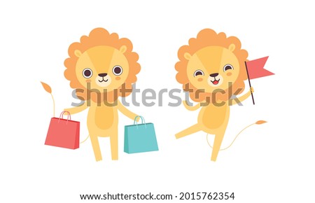 Adorable Lion Character Activities Set, Cute African Animal Holding Shopping Bags and Red Flag Cartoon Vector Illustration