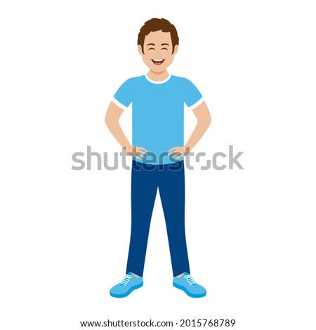 Smiling man in casual clothes illustration. Laughing man in sportswear icon isolated on a white background. Funny boy in a blue shirt with hands on hips cartoon character