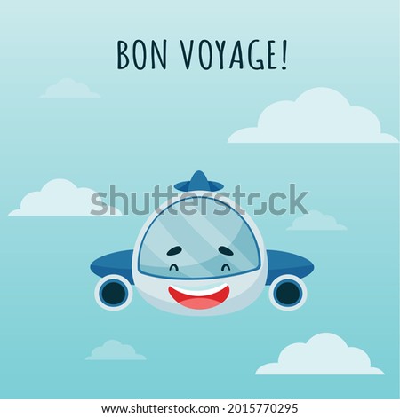 A small happy plane on a light blue background. The clouds. Bon voyage. Vector illustration