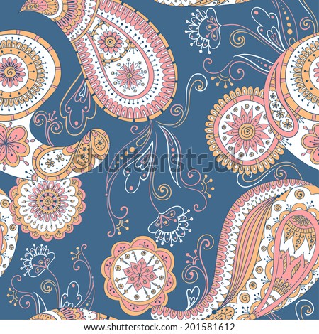 Seamless asian floral retro background pattern in vector. Henna paisley mehndi doodles design ethnic pattern. Used clipping mask for easy editing. Colored version.