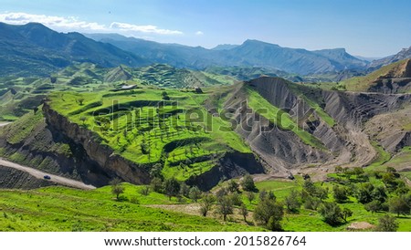 Amazing view of the green mountain terraces. Dagestan, Russia Royalty-Free Stock Photo #2015826764