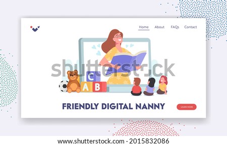 Friendly Digital Nanny, Babysitting Landing Page Template. Character Read to Kids. Baby Sitter Nanny Online Service, Personal Childcare Nanny on Huge Device Screen. Cartoon People Vector Illustration