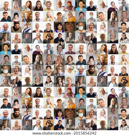 Hundreds of multiracial people crowd portraits headshots collection, collage mosaic. Many lot of multicultural different male and female smiling faces looking at camera. Diversity and society concept Royalty-Free Stock Photo #2015856242