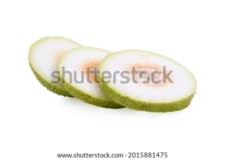 Whole and half fresh breadfruit on white background.