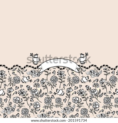 Monochrome Seamless cartoon background with roses and birds