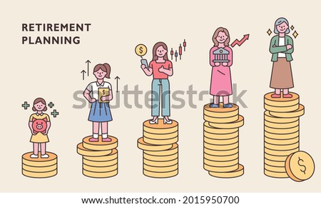 Characters by age are standing on top of stacked coins. outline simple vector illustration.