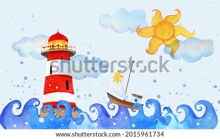 Watercolour illustration of a lighthouse and a boat sailing in the sea