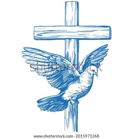 Happy easter, cross and dove, Easter. symbol of Christianity hand drawn vector illustration sketch