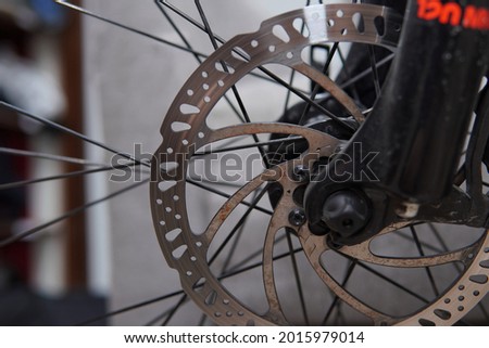 brake disc on a bicycle. Brake in the front wheel of the electric bicycle