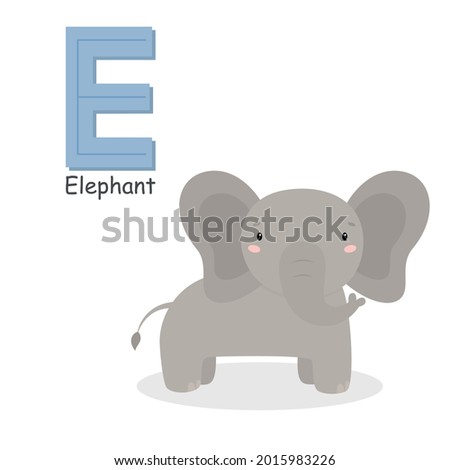 Letter E and a cute cartoon elephant. Children's English alphabet. It is suitable for the design of postcards, books, leaflets, banners, birthday invitations. Colorful vector illustration