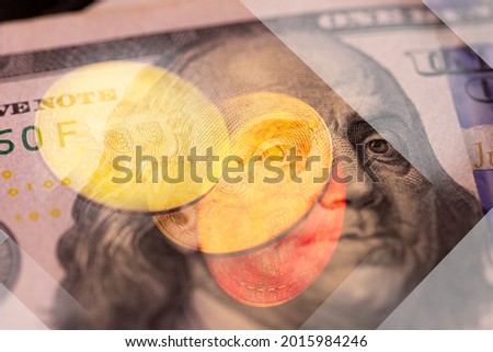 Double exposure of crypto digital money and us dollar bill background, macro photography detailed brass texture.