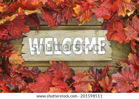 Autumn leaves border old wood welcome sign