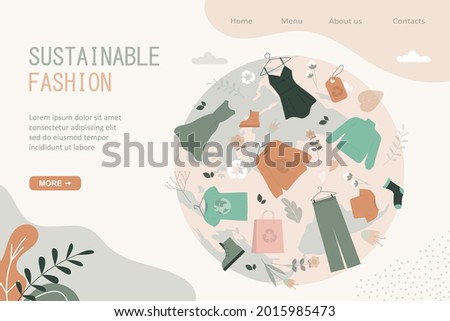 Various clothes made from recycled materials. Ethical textile, sustainable fashion. Give second life to things. Environmental protection, zero waste program. Landing page template. Vector illustration