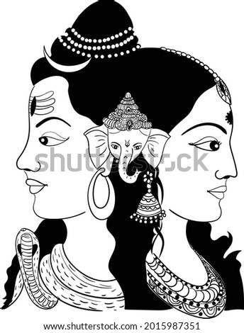 Indian god lord Shiva Parvati with their son Lord Ganesha, beautiful black and white clip art illustration. Indian wedding clip arts of god lord Shiva - Parwati with Ganesha. Line art of Indian god.