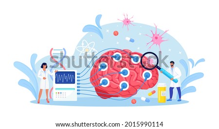 Doctor neurologist, neuroscientist, physician study brain connected to display with EEG indication. Neurology, neuroscience, electroencephalography concept. Vector illustration Royalty-Free Stock Photo #2015990114