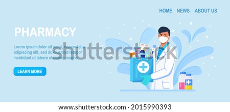 Pharmacy concept. Pharmacist standing and holding shopping bag with medication, pills bottle, prescription drugs, antibiotic for disease treatment. Medical treatment. Vector illustration Royalty-Free Stock Photo #2015990393