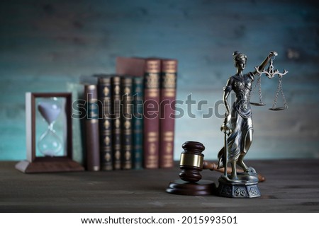Legal code concept. Statue of justice on book background.