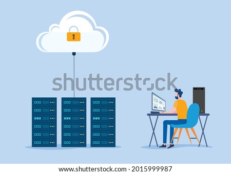 flat vector business technology storage and cloud server service concept with administrator and developer team working concept Royalty-Free Stock Photo #2015999987