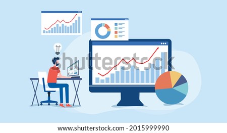 business people team analytics and monitoring on web report dashboard monitor concept and vector illustration business working concept Royalty-Free Stock Photo #2015999990