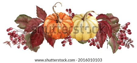 Watercolor pumpkin half wreath clipart with marsala leaves and red berries for thanksgiving invitation, greeting cards, fall wedding design