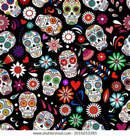 Day of the dead sugar skull pattern. Dia de los muertos print. Day of the dead and  mexican Halloween. Mexican tradition  festival texture. Dia de los Muertos tattoo skulls on black background.