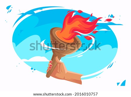 vector illustration of a hand holding a torch with fire on the background of a blue sky with clouds