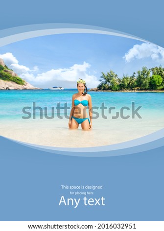 Beautiful woman in snorkeling mask and swimsuit relaxing on the beach. Girl having summer vacation in Thailand. Holidays and traveling concept with copy-space.